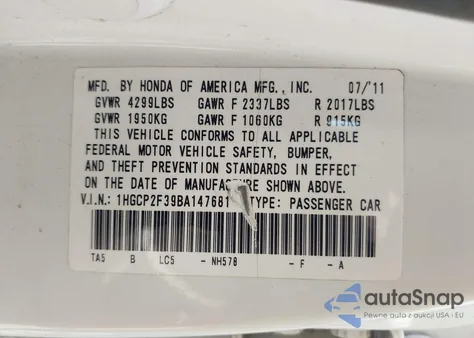 2011 Honda Accord 2.4 Lx z USA, uszkodzony, nr VIN 1HGCP2F39BA147681